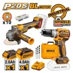 ΣΕΤ ΔΡΑΠΑΝΟΚΑΤΣΑΒΙΔΟ & ΓΩΝΙΑΚΟΣ ΤΡΟΧΟΣ 115mm 20V Li-ion ΜΕ 2 ΜΠΑΤΑΡΙΕΣ 4.0Ah & ΔΙΑΦΟΡΑ ΕΞΑΡΤΗΜΑΤΑ INGCO COSLI240202