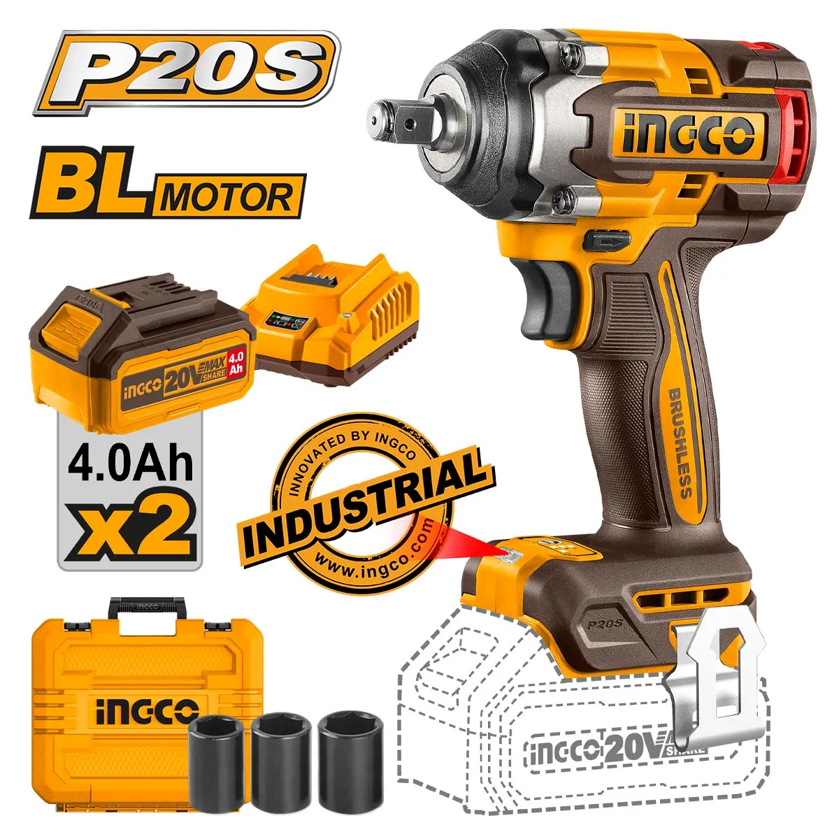 ΜΠΟΥΛΟΝΟΚΛΕΙΔΟ ΜΠΑΤΑΡΙΑΣ 500-600Nm 20V+2X4.0Ah Li-ion  INGCO CIWLI2050