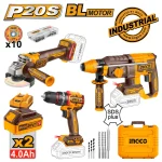 ΣΕΤ ΕΡΓΑΛΕΙΩΝ ΚΡΟΥΣΤΙΚΟ ΔΡΑΠΑΝΟ+ΠΙΣΤΟΛΕΤΟ+ ΓΩΝΙΑΚΟΣ ΤΡΟΧΟΣ 115mm 2 ΜΠΑΤΑΡΙΕΣ 20V Li-ion4.0Ah + ΔΙΑΦΟΡΑ ΕΡΓΑΛΕΙΑ INGCO