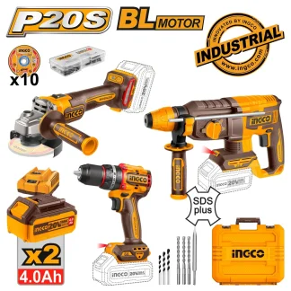 ΣΕΤ ΕΡΓΑΛΕΙΩΝ ΚΡΟΥΣΤΙΚΟ ΔΡΑΠΑΝΟ+ΠΙΣΤΟΛΕΤΟ+ ΓΩΝΙΑΚΟΣ ΤΡΟΧΟΣ 115mm 2 ΜΠΑΤΑΡΙΕΣ 20V Li-ion4.0Ah + ΔΙΑΦΟΡΑ ΕΡΓΑΛΕΙΑ INGCO