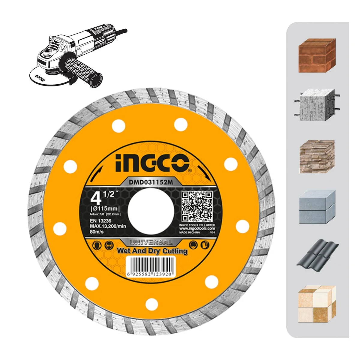 Διαμαντόδισκος Δομικών Υλικών Turbo INGCO DMD031152 115mm x 22.2mm